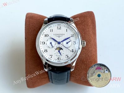 High Quality Replica LONGINES Men's Watch Black Genuine Leather Strap White Face Dial Silver Case Watch 40*12mm